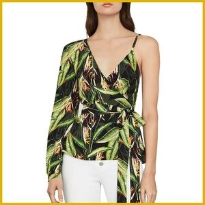 BCBGMaxAzria Floral Green Black Tropical Print Wrap Top
